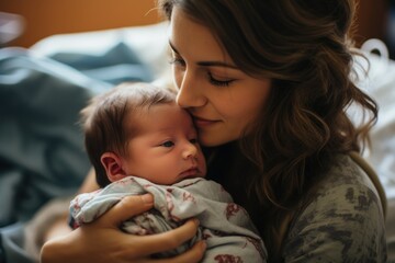 close up of mother kissing newborn son's cheek in hospital - obrazy, fototapety, plakaty