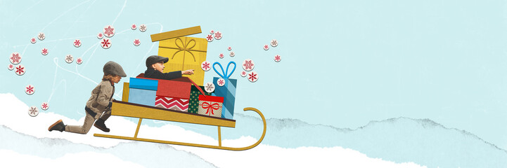 Happy little boys, brothers having fun outdoors, playing, riding on sleds with present boxes. Contemporary artwork. Concept of winter season, holidays, Christmas, celebration. Design for ad, postcard
