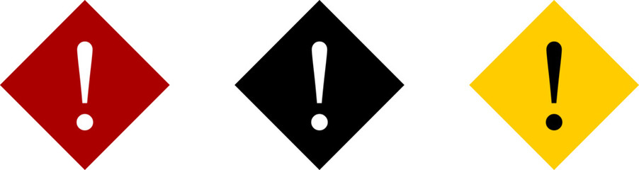 Attention Danger or Hazard Warning Sign Icon Set with Exclamation Mark and Diamond Shaped Frame. Vector Image.