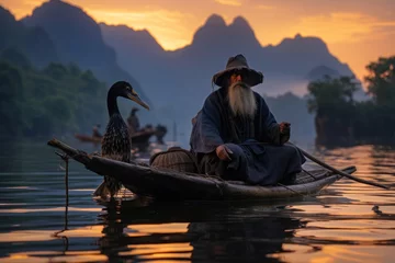 Afwasbaar Fotobehang Guilin cormorant fisherman on the li river, guilin, yangshuo,