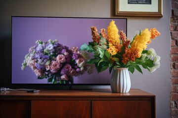 unplugged tv with a vase of flowers on top