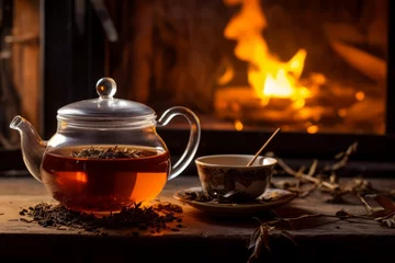 Foto op Aluminium A steaming cup of black tea on a rustic wooden table, surrounded by loose tea leaves, a vintage teapot, and a cozy, warm morning light © aicandy