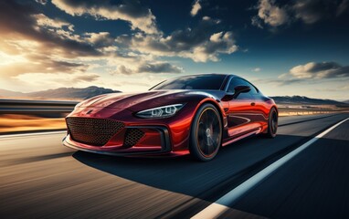 Red Business car on high speed in turn. Super car rushing along a high-speed highway with motion speed in sunny day