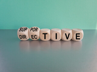 Directive or supportive leadership style symbol. Turned cubes, changes words supportive to directive. Beautiful blue background, copy space. Business, directive or supportive concept.