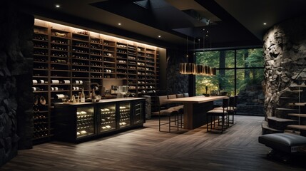A secluded wine sanctuary complete with a tasting corner and contemporary racks.