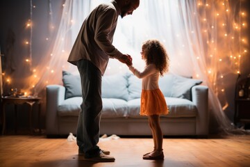 daughter standing on feet of father and dancing - obrazy, fototapety, plakaty