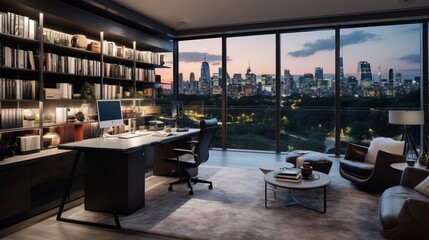 Home Office Featuring Floor-to-Ceiling Windows and Striking Cityscape Views.