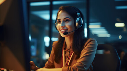 Friendly call center agent answering incoming calls with a headset, providing customer service remotely. Happy woman using her excellent communication skills to resolves customer issues.