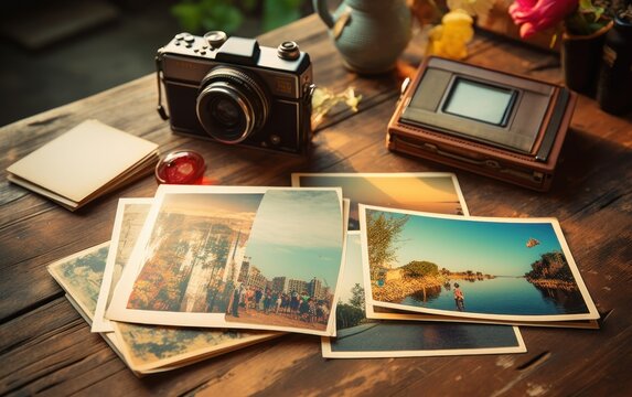 Photo album remembrance and nostalgia in summer journey trip on wood table