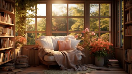 A snug reading corner bathed in the gentle embrace of morning warmth.