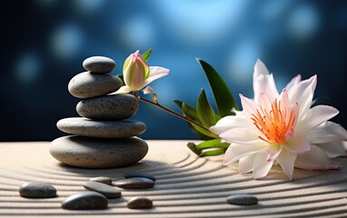 Fototapeta na wymiar sand, lily and spa stones in zen garden