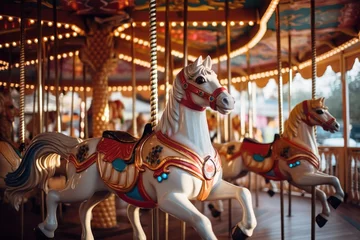 Fotobehang a carousel with wooden horses in amusement park © altitudevisual