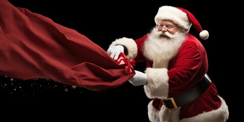 Santa Claus with huge bag full of presents isolated