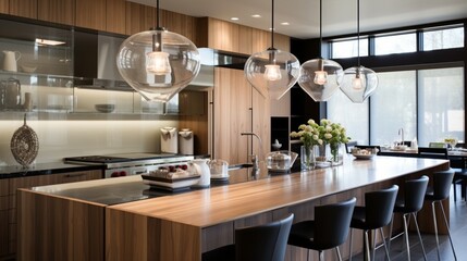 Contemporary Kitchen with a Waterfall Edge Island and Pendant Lights.