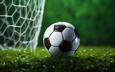 Fototapeta premium soccer ball in goal with green backgroung