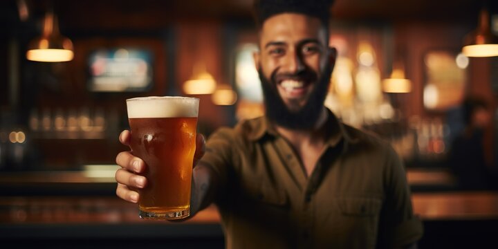 Bartender presenting a fresh pint of beer , concept of Refreshing experience