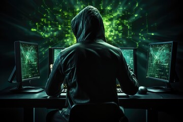 Hooded hacker in front of computer screen with binary code on the background. Back view of hacker in hoodie stealing information from computers.. Records and Information Management Month - obrazy, fototapety, plakaty