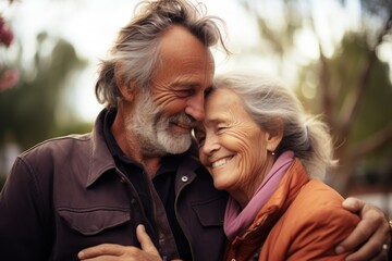 smiling senior couple with eyes closed embracing each other outdoors