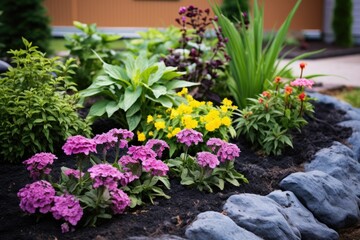 a mulch covered flower bed with robust perennials - obrazy, fototapety, plakaty