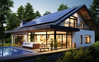 Fototapeta na wymiar Solar panels on the gable roof of a beautiful modern home