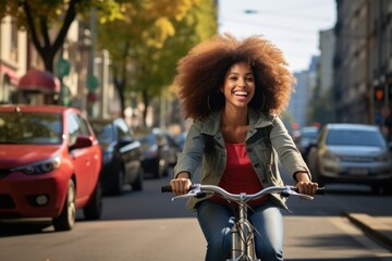 Positive black woman riding electric bicycle on city street - obrazy, fototapety, plakaty