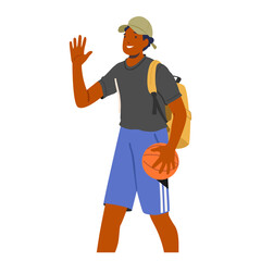 Male Character Confidently Walking with A Basketball Ball, Carrying A Backpack Slung Over One Shoulder, Vector