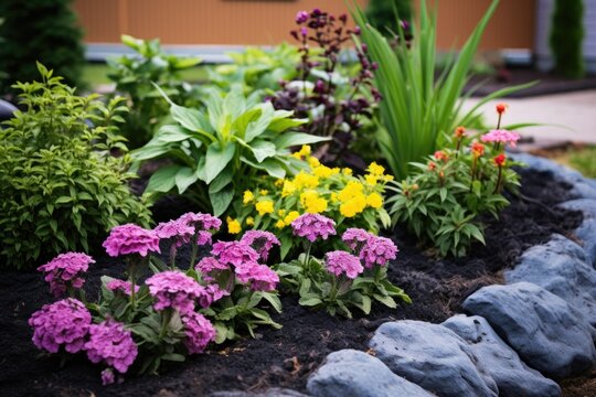 a mulch covered flower bed with robust perennials