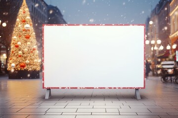 Christmas blank billboard on the street decorated with Christmas tree in the evening, template for mock up