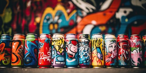 Close-up of colorful spray paint cans with a graffiti mural in the background , concept of Up-close view