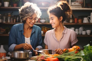 senior adult woman cooking a meal with daughter