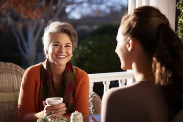 senior woman and adult daughter chatting and drinking coffee on porch