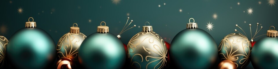 Christmas Banner , christmas baubles on a teal background