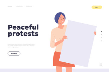 Peaceful protests landing page template with positive smiling young woman character holding placard