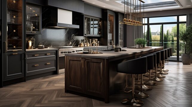 A designer's kitchen with a fusion of dark wood elements and metallic embellishments.