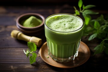 A Refreshing Glass of Iced Matcha Tea on a Rustic Wooden Table, Surrounded by Fresh Green Matcha Powder and Bamboo Whisk