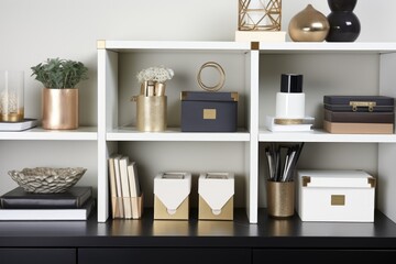 shelf holding decorative storage boxes with office essentials