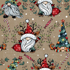 Christmas seamless pattern with cute Nordic gnomes. Vector.