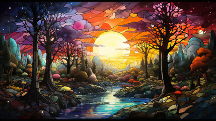 bstract illustration of a forest landscape with a river.