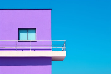 A wall with a small window in the colors purple, turquoise and azure. Simple, bold, post-minimalism.