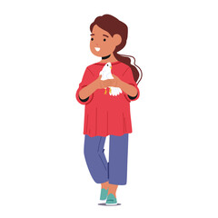 Innocence And Peace Concept with Little Girl Character Cradles A White Dove, Symbolizing Hope And Tranquility