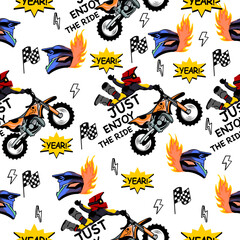 Motorbike dirty  cartoon pattern design .motorcycle extreme pattern for kids clothing, printing, fabric ,cover.motorcycle extreme dirty seamless pattern.motorcycle extreme on white background.