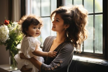 woman looking at mother carrying daughter on shoulder by window