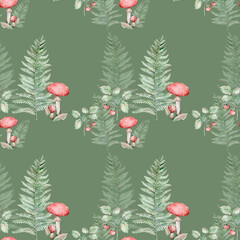Watercolor seamless pattern with mushrooms, fern and berries