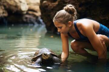 Fototapeta premium Young girl feeding turtle in the wild pool