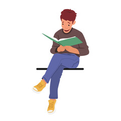 Young Boy, Immersed In A Book, Sits Peacefully On A Parapet, Lost In The World Of Words, His Imagination, Vector