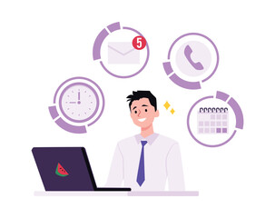 Fototapeta na wymiar Busy manager or businessman with laptop, notes tasks, calls, messages reminders icons, vector efficiency multitasking