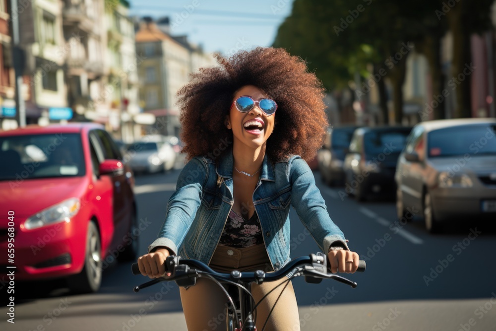 Wall mural Positive black woman riding electric bicycle on city street