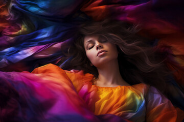 Beautiful young woman lying on colorful tulle fabrics. Concept of youth, beauty and fashion.