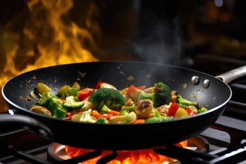 a non-stick fry pan sizzling with vegetables on a stove