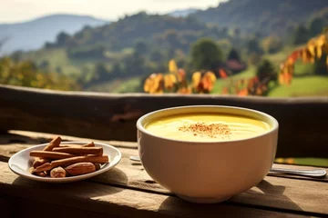 Deurstickers A warm, inviting cup of golden milk, rich in turmeric and spices, on a rustic wooden table, with a backdrop of an autumn evening © aicandy